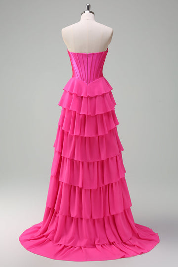 Fucsia A Line senza spalline corsetto Tiered Abito da cerimonia con volant